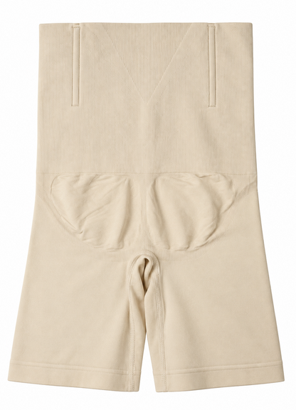 Beige high-waisted compression shorts with a wide waistband, front support panels, and leg openings, shown flat on a white background.